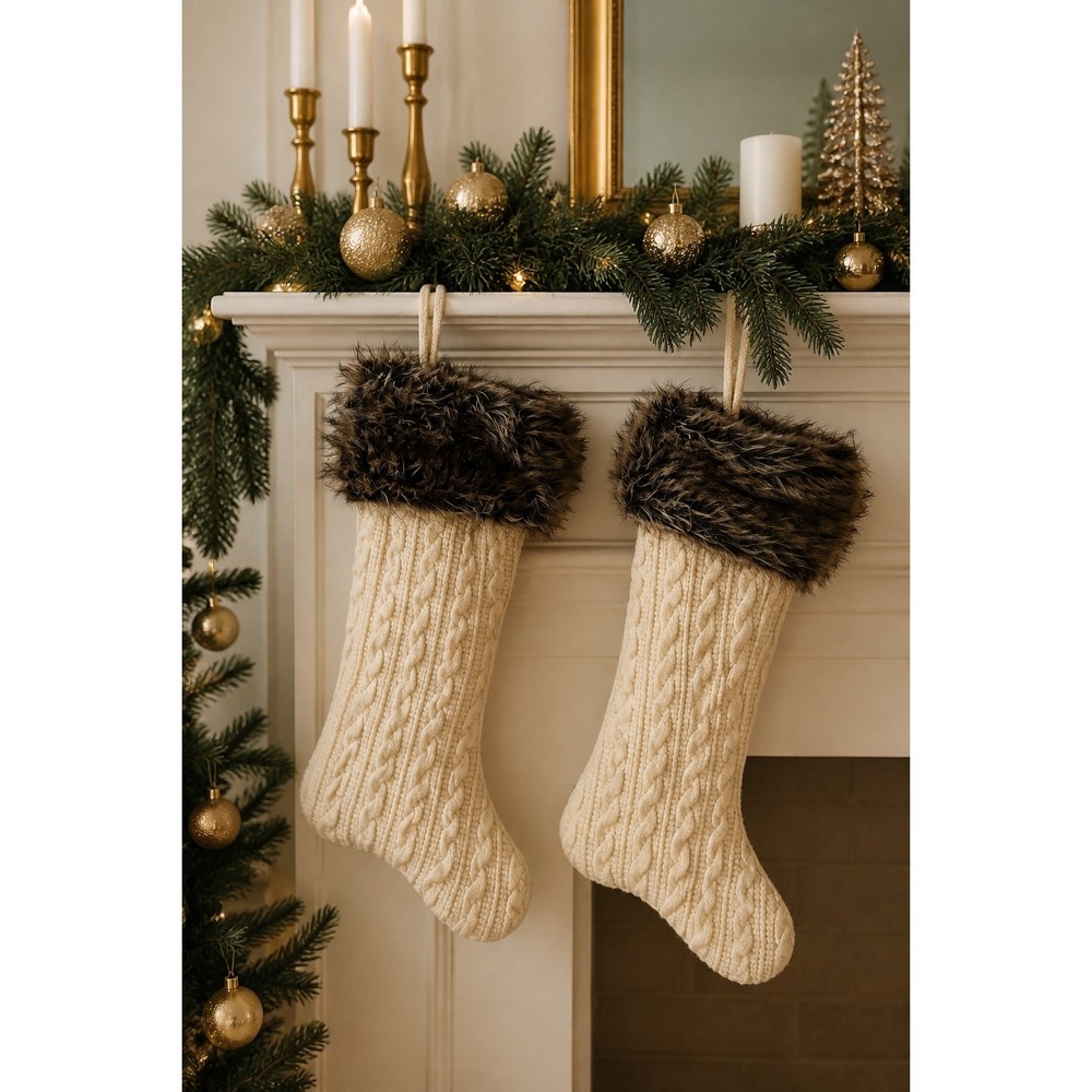 Life at Home Christmas Cream‎ Cable Knit Faux Fur Christmas Stockings Set of 2